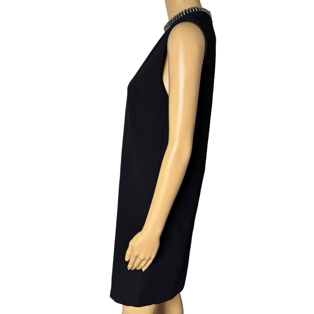 Adrienne Vittadini Shift Dress Size 4 Black Rhinestone Neck knee Length Sleevele - Picture 3 of 14